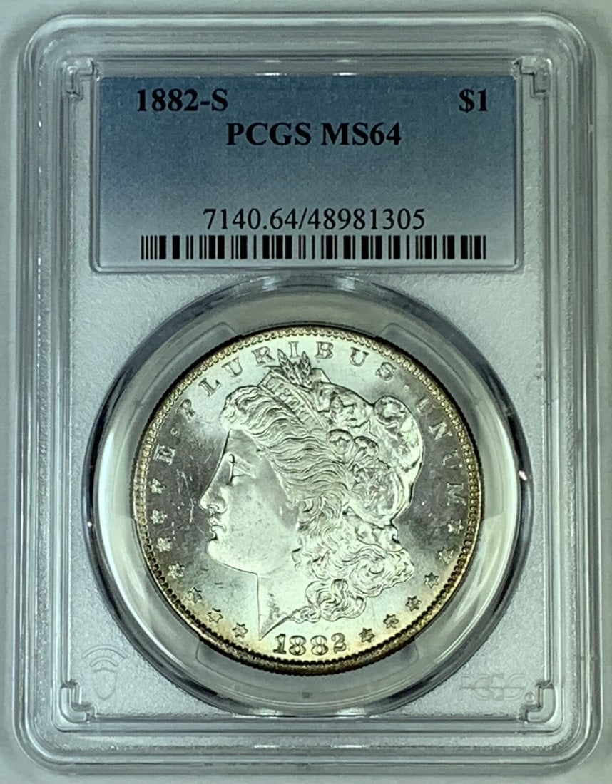 1882-S Morgan Silver Dollar Coin PCGS MS 64 Uncirculated: 1882-S Morgan Silver Dollar Coin PCGS MS 64 Uncirculated This 1882-S Morgan Silver Dollar Coin is a remarkable piece for collectors, showcasing its historical significance and beauty. Graded MS 64 by 