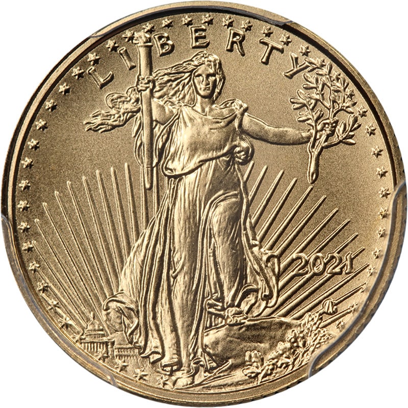 2021 Gold American Eagle $5 Type 2 PCGS MS70 1st Day Label: 2021 Gold American Eagle $5 Type 2 PCGS MS70 1st Day Label This 2021 Gold American Eagle $5 Type 2 coin, graded MS70 by PCGS, features an uncirculated condition and comes with a prestigious 1st Day La