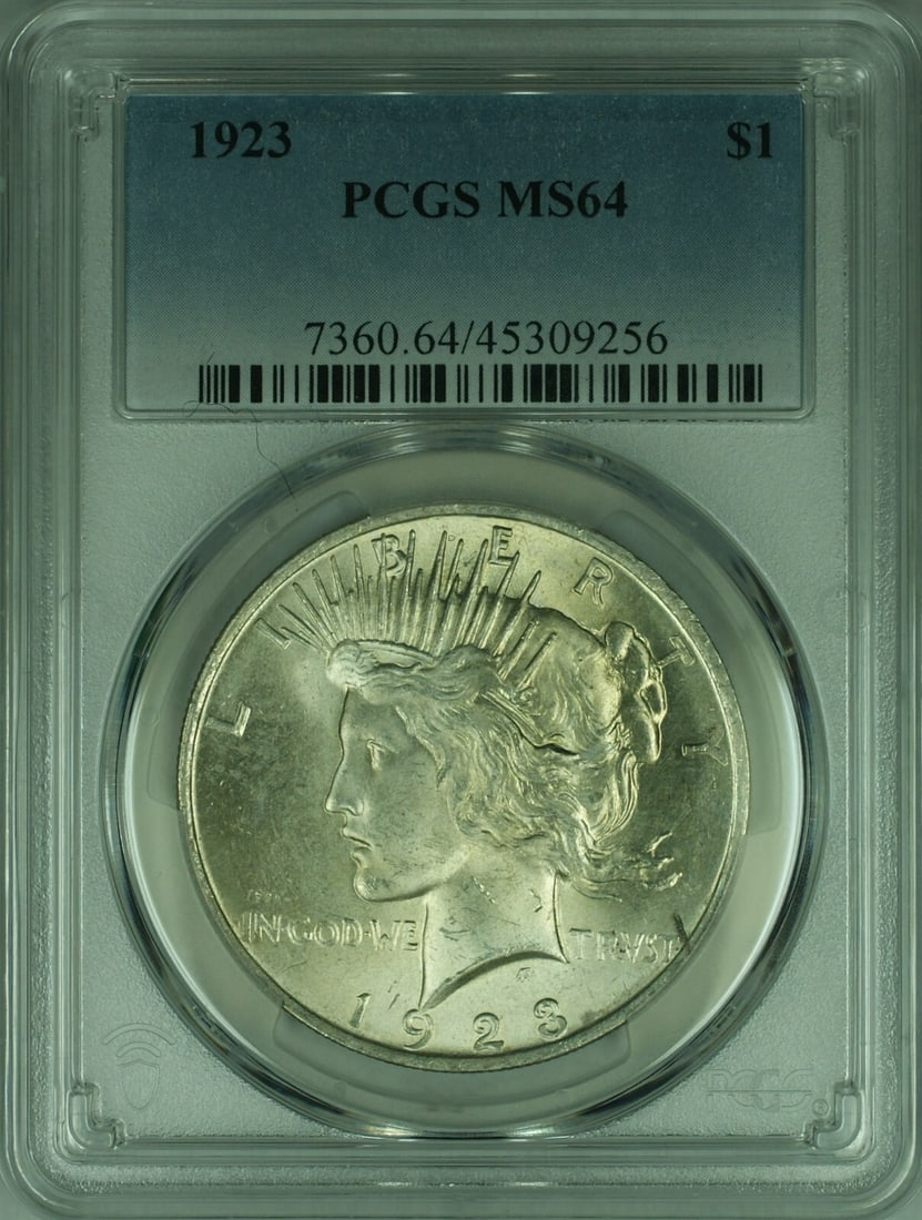 1923 Peace Silver Dollar $1 PCGS MS 64 Uncirculated Coin: 1923 Peace Silver Dollar $1 PCGS MS 64 Uncirculated Coin This stunning 1923 Peace Silver Dollar showcases the iconic design symbolizing peace. Certified by PCGS with a grade of MS 64, this coin repres