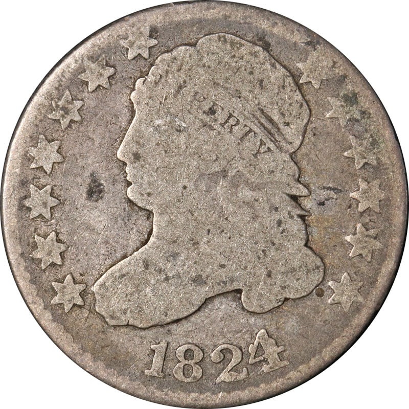1824/2 Silver Bust Dime Uncertified Circulated Coin: 1824/2 Silver Bust Dime Uncertified Circulated Coin This 1824/2 Bust Dime is a remarkable piece of numismatic history. Crafted from silver, this coin has been circulated, showcasing its journey throug