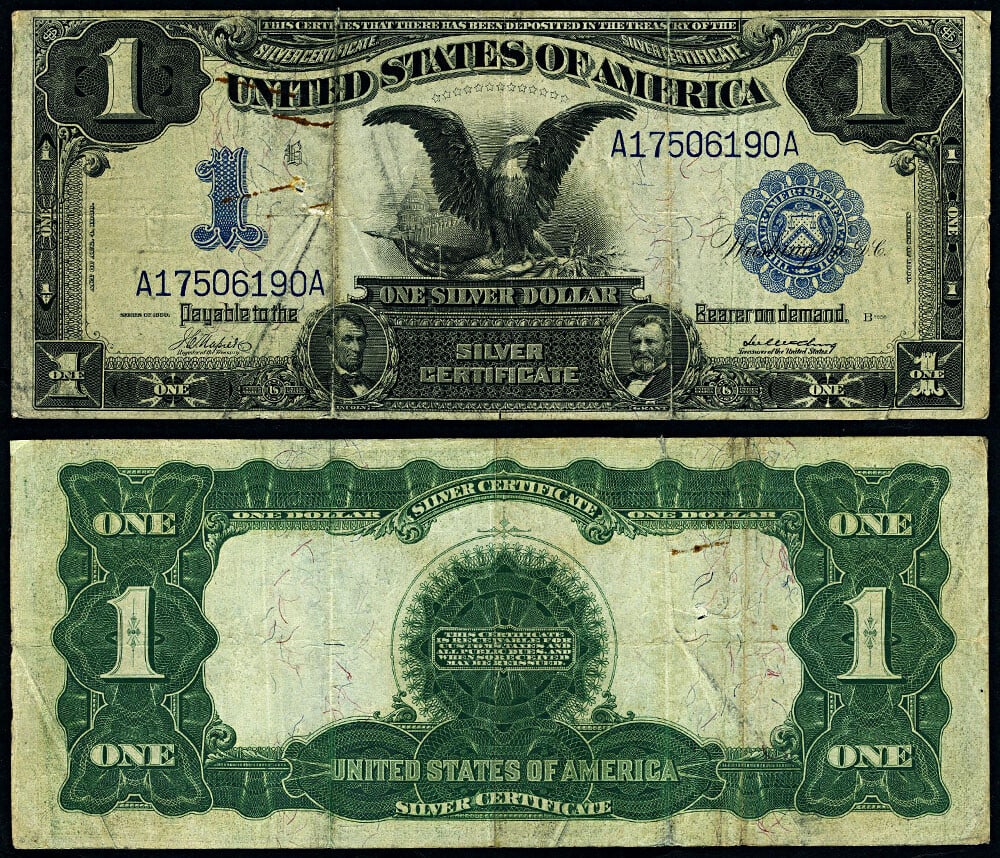 1899 $1 Silver Certificate VF Circulated Uncertified: 1899 $1 Silver Certificate VF Circulated Uncertified This 1899 $1 Silver Certificate is a notable piece of currency history, categorized as Circulated and graded as Very Fine (VF). It features the cla