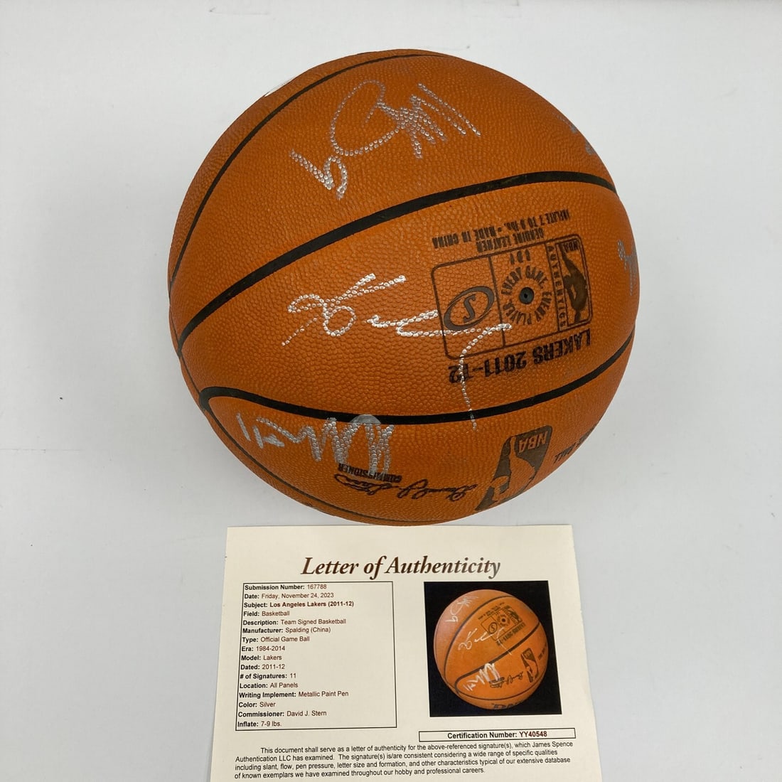 Kobe Bryant Signed 2011-12 Lakers NBA Game Basketball with JSA COA: Kobe Bryant Signed 2011-12 Lakers NBA Game Basketball with JSA COA This is an original 2011-12 Los Angeles Lakers team-signed official NBA game basketball featuring the iconic Kobe Bryant. The basketb