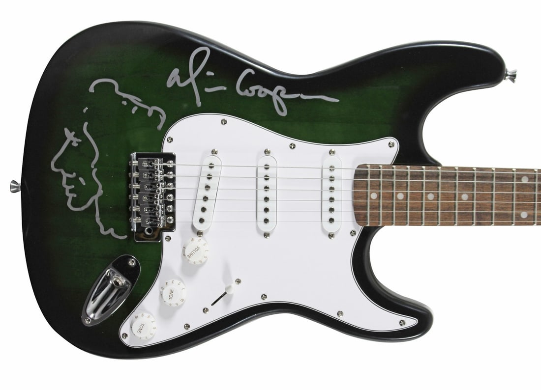 Alice Cooper Autographed Green Sunburst Electric Guitar BAS Authenticated: Alice Cooper Autographed Green Sunburst Electric Guitar BAS Authenticated This stunning Green Sunburst Electric Guitar has been personally signed by rock legend Alice Cooper, featuring a unique self-p