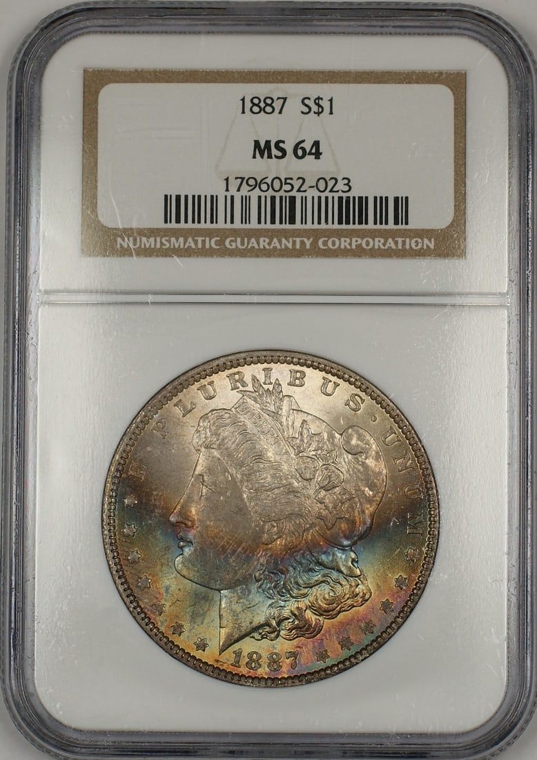 1887 Morgan Silver Dollar NGC MS-64 Toned Obverse Coin: 1887 Morgan Silver Dollar NGC MS-64 Toned Obverse Coin This 1887 Morgan Silver Dollar $1 Coin is graded MS 64 by NGC, indicating its uncirculated condition with beautifully toned obverse. Minted in Ph