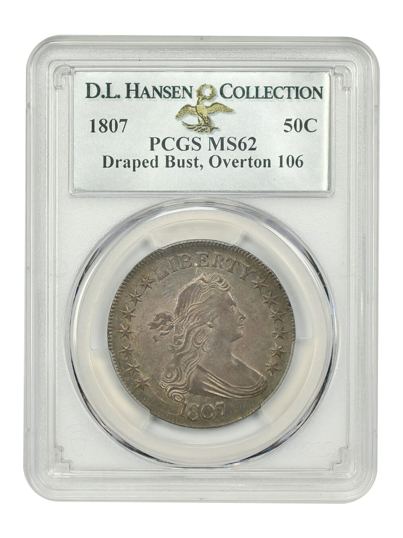 1807 Draped Bust Half Dollar PCGS MS62 Overton-106: 1807 Draped Bust Half Dollar PCGS MS62 Overton-106 This 1807 Draped Bust Half Dollar is certified by PCGS with a grade of MS62, showcasing its uncirculated condition. Struck at the Philadelphia Mint, 