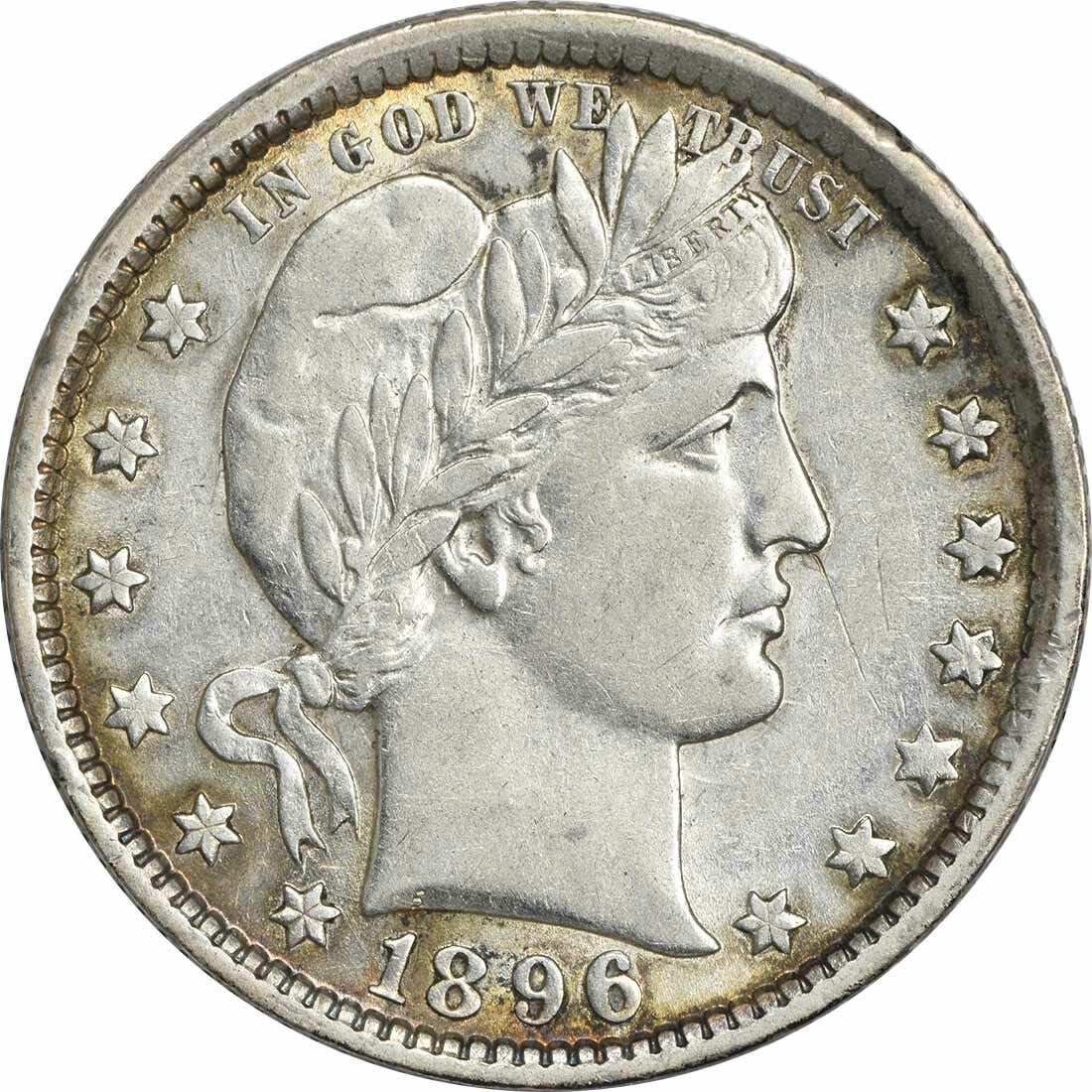 1896-O Barber Quarter 90% Silver AU New Orleans Coin: 1896-O Barber Quarter 90% Silver AU New Orleans Coin This 1896-O Barber Silver Quarter, certified as AU (About Uncirculated), showcases the craftsmanship of designer Charles E. Barber. Minted in New O