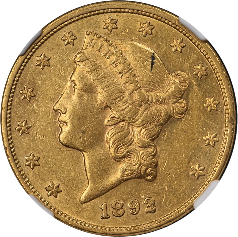1892-P Liberty Gold $20 NGC AU55 Key Date Coin with Luster: 1892-P Liberty Gold $20 NGC AU55 Key Date Coin with Luster This 1892-P Liberty Gold $20 coin is a key date example, graded AU55 by NGC, showcasing nice luster and a strong strike. The coin, minted in 