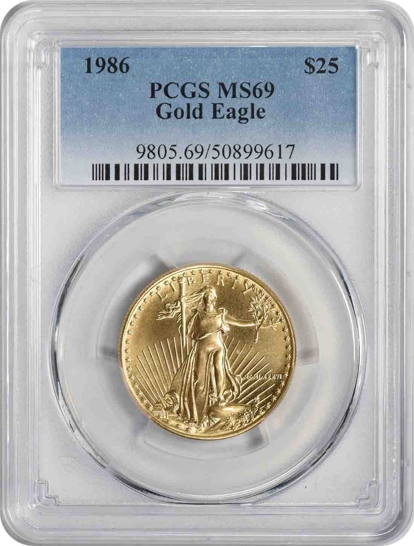 1986 American Gold Eagle $25 MS69 PCGS Certified Coin: 1986 American Gold Eagle $25 MS69 PCGS Certified Coin This 1986 American Gold Eagle coin is a stunning piece of numismatic history. Graded MS69 by PCGS, it showcases exceptional quality and detail. Th