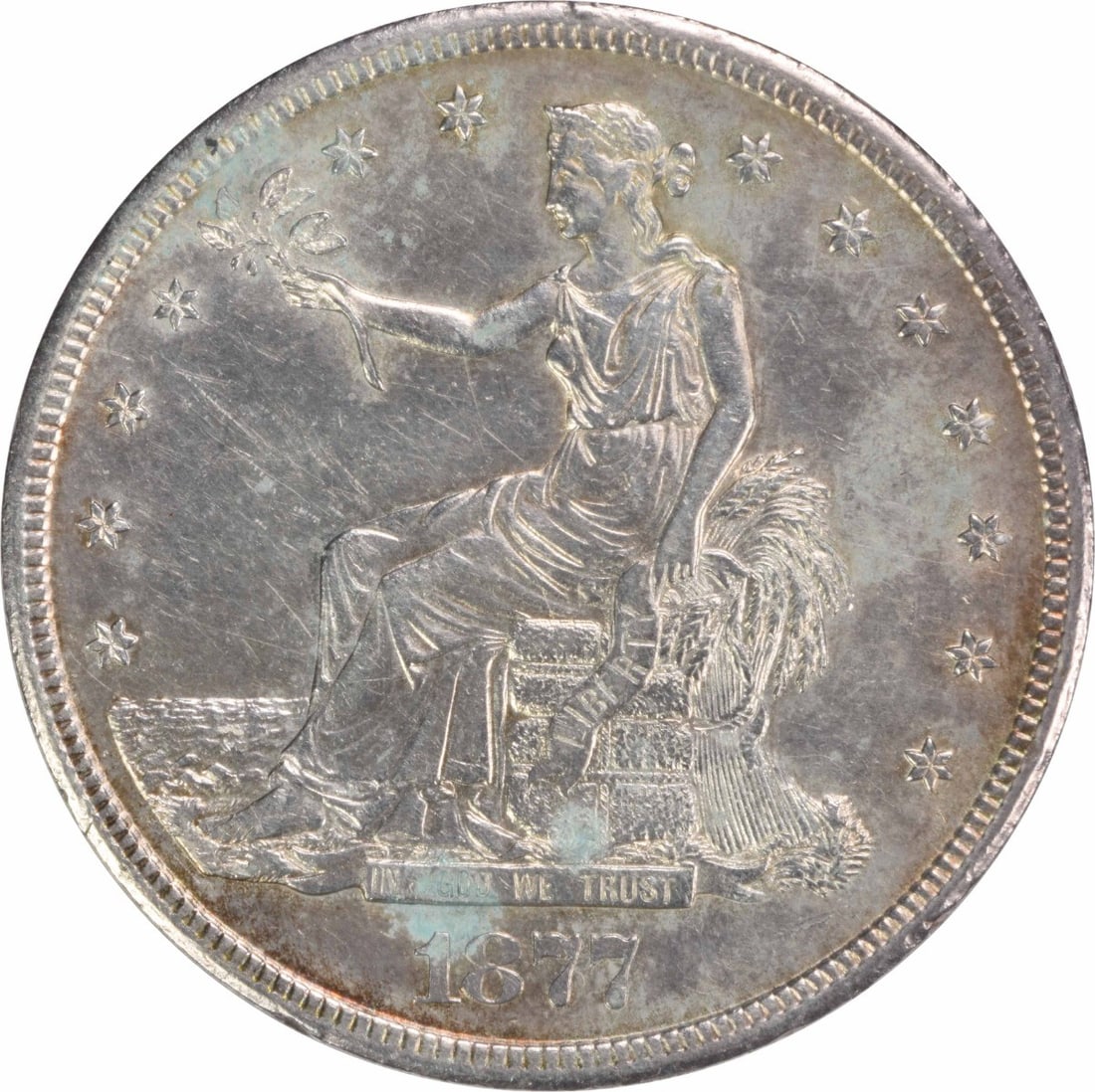 1877-S Trade Silver Dollar AU Uncertified 90% Silver 38.10mm: 1877-S Trade Silver Dollar AU Uncertified 90% Silver 38.10mm This 1877-S Trade Silver Dollar is a stunning piece from the San Francisco mint, showcasing a rich history and exquisite design. Graded as 