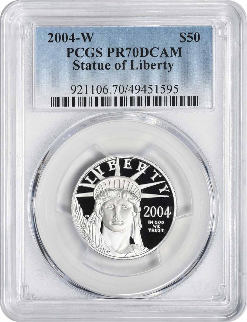 2004-W $50 American Platinum Eagle PR70DCAM PCGS Statue of Liberty: 2004-W $50 American Platinum Eagle PR70DCAM PCGS Statue of Liberty This stunning 2004-W $50 American Platinum Eagle coin is certified PR70DCAM by PCGS, reflecting its flawless quality and exceptional 