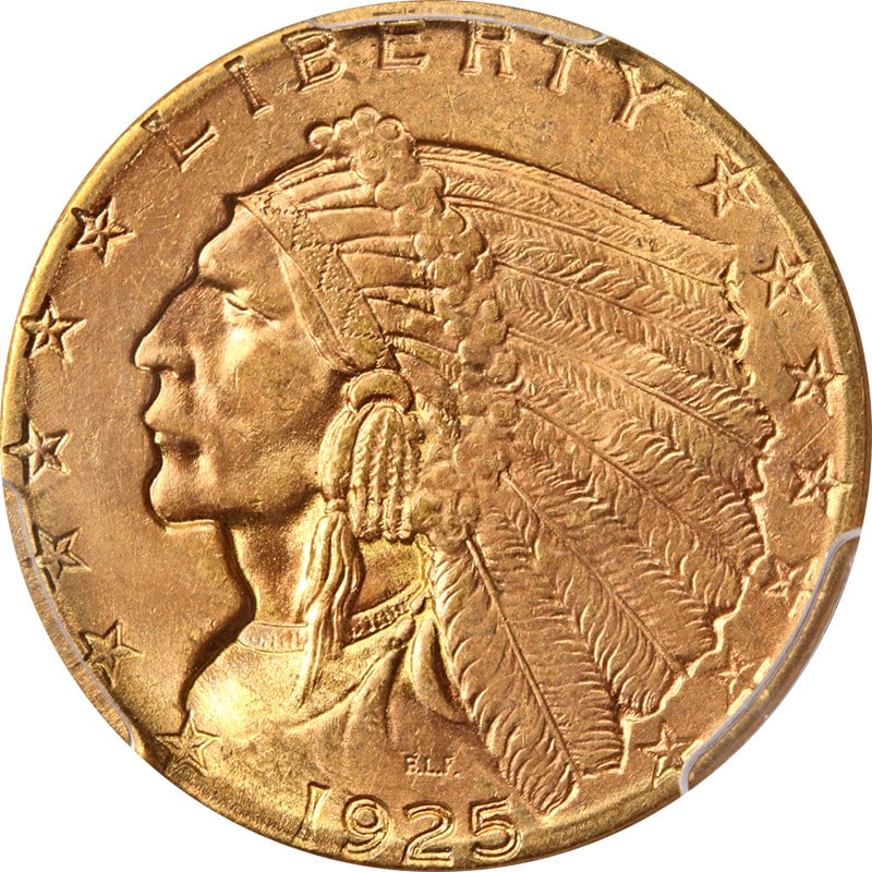 1925-D Indian Gold $2.50 Coin PCGS MS65 CAC Outstanding Color: 1925-D Indian Gold $2.50 Coin PCGS MS65 CAC Outstanding Color This 1925-D Indian Gold $2.50 coin is certified by PCGS with a grade of MS65, indicating its exceptional quality and uncirculated conditio