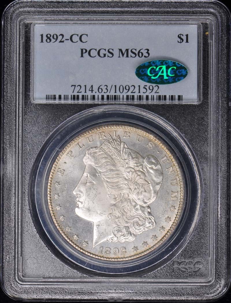 1892-CC Morgan Dollar PCGS MS63 CAC Uncirculated Coin: 1892-CC Morgan Dollar PCGS MS63 CAC Uncirculated Coin This 1892-CC Morgan Dollar, certified by PCGS with a grade of MS63, is a remarkable piece of numismatic history. Struck in Carson City, this uncir