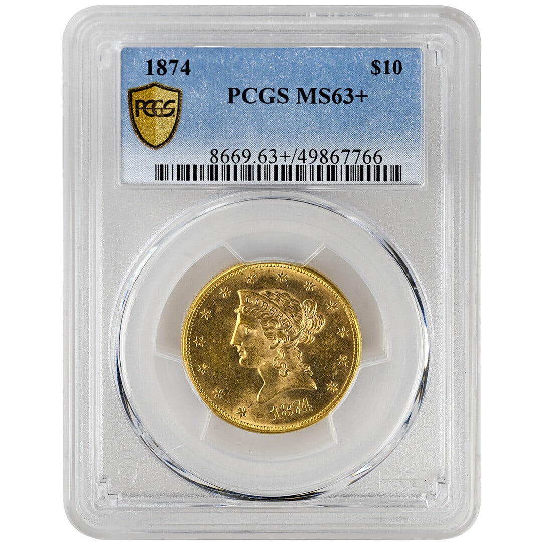 1874 $10 Liberty Head Gold Coin PCGS MS63+ Certified Rare: 1874 $10 Liberty Head Gold Coin PCGS MS63+ Certified Rare This exquisite 1874 $10 Liberty Head coin is a remarkable piece of numismatic history, certified by PCGS with a grade of MS63+. Minted in Phil