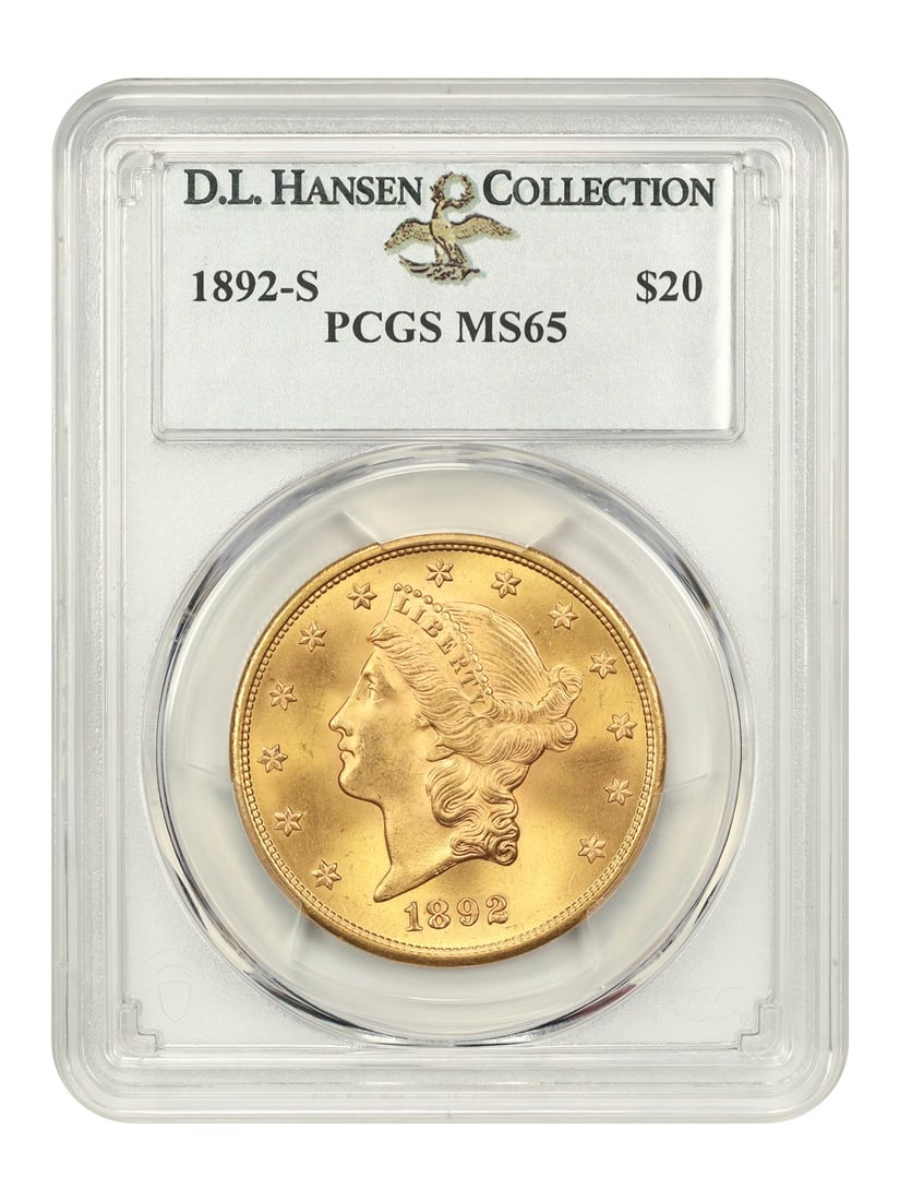 1892-S $20 Liberty Head Gold Coin PCGS MS65 D.L. Hansen: 1892-S $20 Liberty Head Gold Coin PCGS MS65 D.L. Hansen This exquisite 1892-S $20 Liberty Head coin, certified by PCGS with a grade of MS65, showcases stunning satiny smooth honey-gold surfaces, enhan