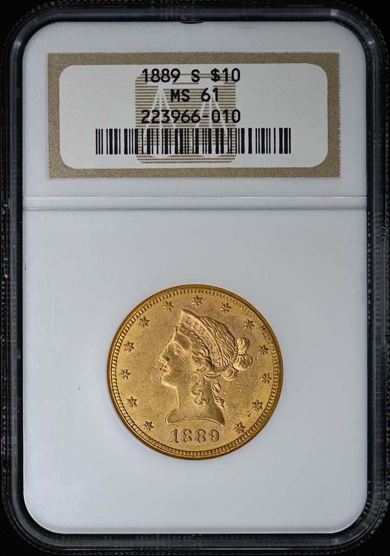 1889-S Liberty Head $10 Eagle Coin NGC MS61 Uncirculated: 1889-S Liberty Head $10 Eagle Coin NGC MS61 Uncirculated This 1889-S Eagle $10 coin is certified by NGC with a grade of MS61, indicating its uncirculated condition. Struck at the San Francisco mint, t