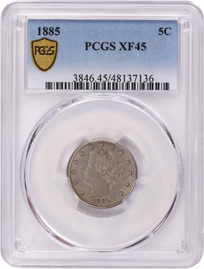 1885 Liberty Nickel 5C XF Grade PCGS Certified: 1885 Liberty Nickel 5C XF Grade PCGS Certified This 1885 Liberty Nickel is graded EF45 by PCGS, showcasing its fine details and historical significance. The coin features a composition of nickel and r