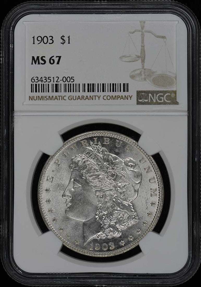 1903 Morgan Dollar NGC MS67 Uncirculated Philadelphia Mint: 1903 Morgan Dollar NGC MS67 Uncirculated Philadelphia Mint This 1903 Morgan Dollar, graded MS67 by NGC, is a stunning example of numismatic excellence. Featuring a beautiful uncirculated finish, this 