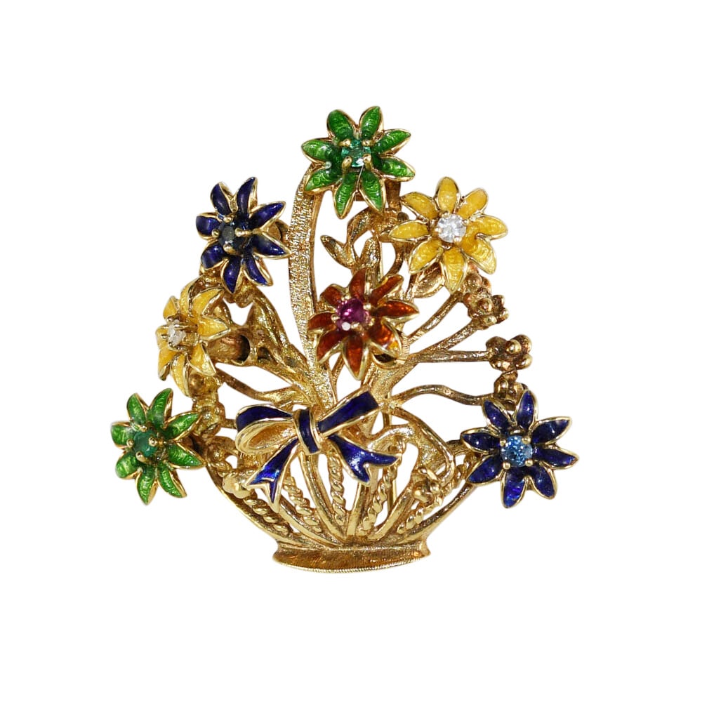 14k Yellow Gold Floral Basket Brooch with Diamonds and Gemstones: 14k Yellow Gold Floral Basket Brooch with Diamonds and Gemstones Presenting a stunning 14k Yellow Gold Floral Basket Brooch, meticulously crafted with intricate details. This exquisite piece features 