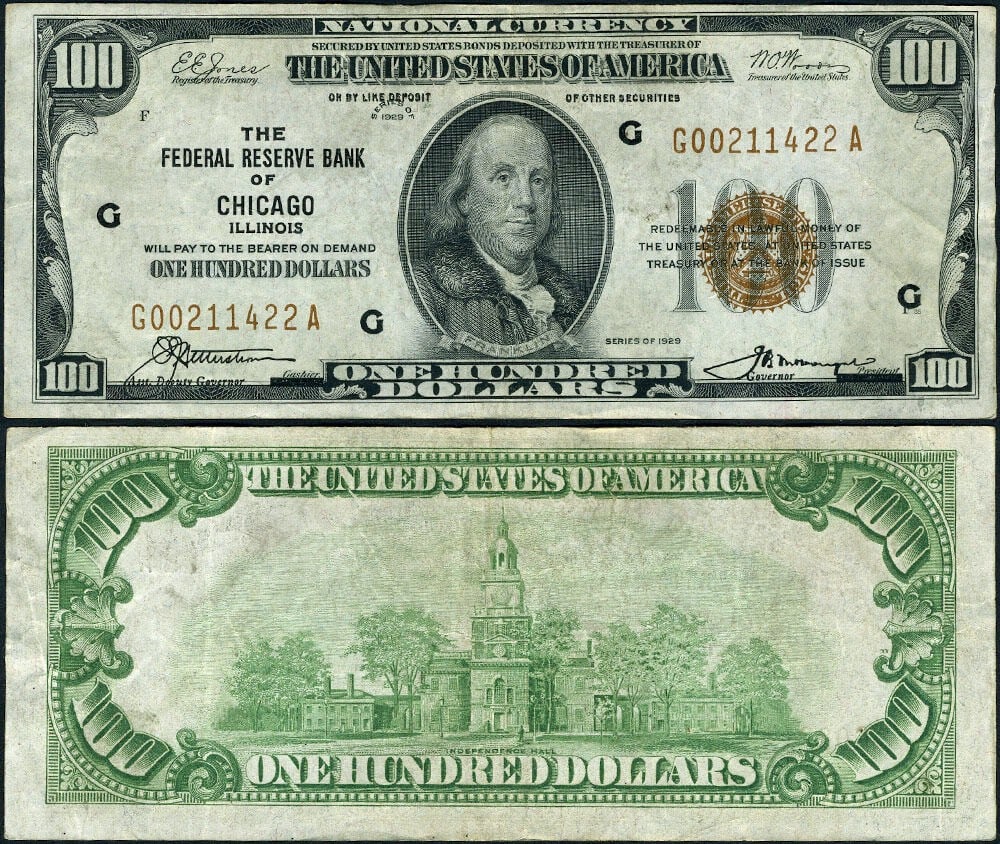 1929 $100 Federal Reserve Note Chicago G-A Block: 1929 $100 Federal Reserve Note Chicago G-A Block This 1929 Federal Reserve Bank Note from Chicago features a denomination of $100. It is classified as circulated and has received a grade of Very Fine 