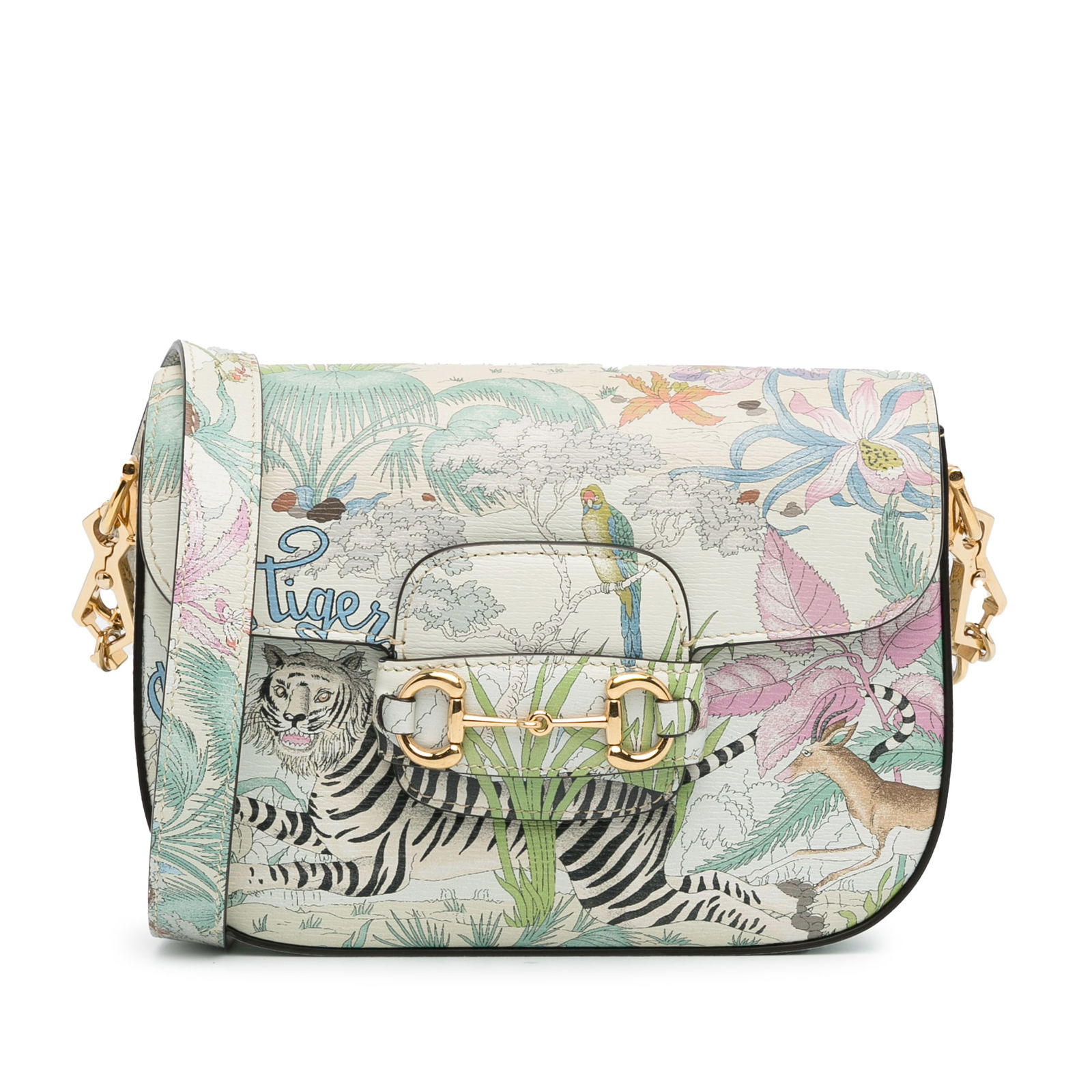 Gucci Mini Tiger Horsebit 1955 White Leather Crossbody Bag: Gucci Mini Tiger Horsebit 1955 White Leather Crossbody Bag This elegant Gucci Mini Tiger Horsebit 1955 Crossbody bag is crafted from premium printed leather and features a chic design suitable for any