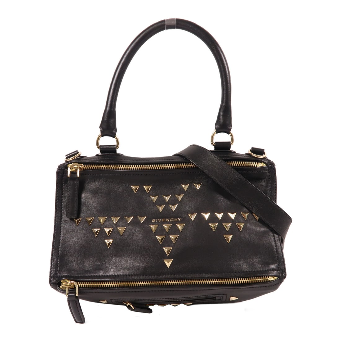 GIVENCHY Black Calfskin GHW Pandora 2 Way Shoulder Bag: GIVENCHY Black Calfskin GHW Pandora 2 Way Shoulder Bag Elevate your style with the GIVENCHY GHW Pandora 2 Way Shoulder Bag, crafted from premium calfskin leather in a sleek black finish. This versatil