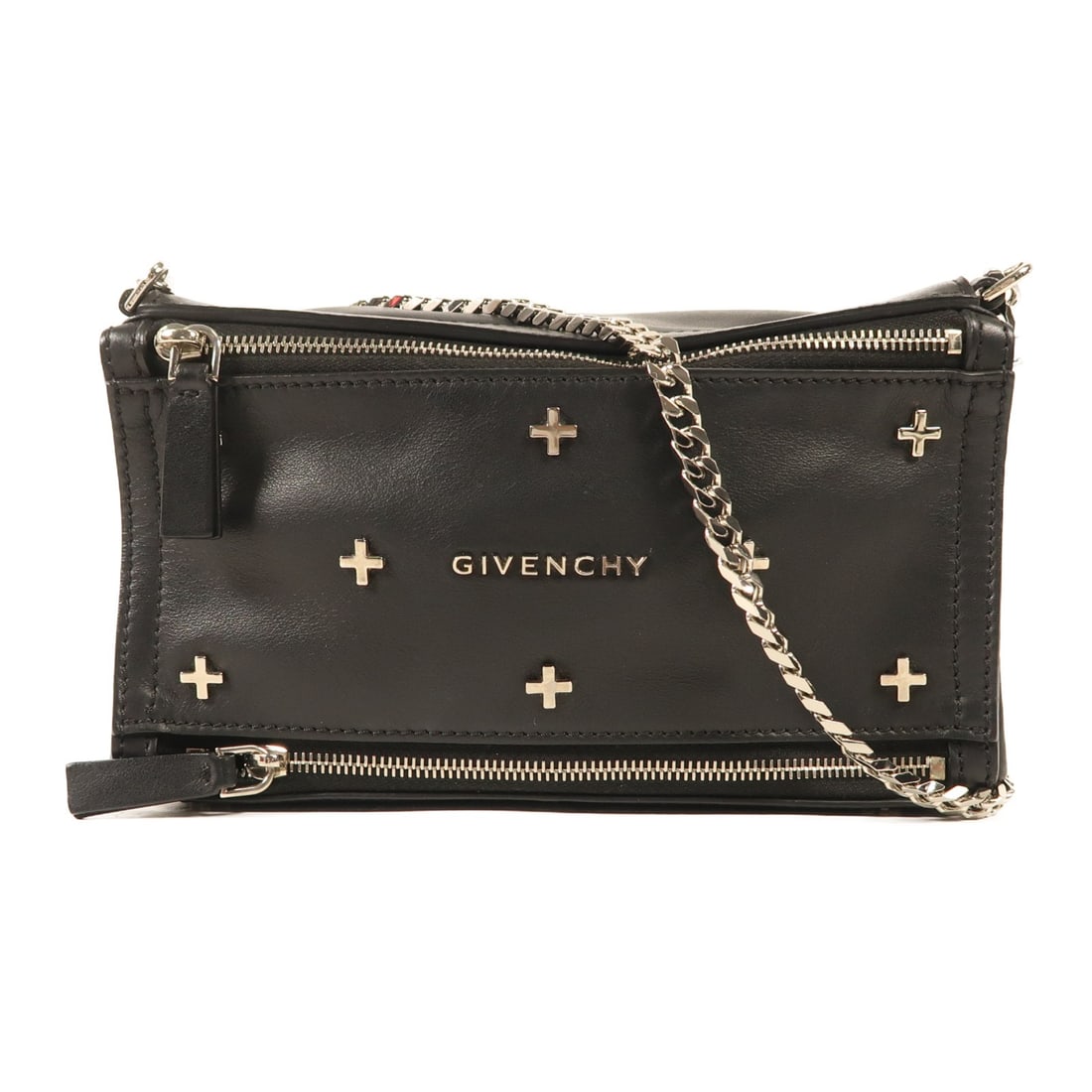 GIVENCHY Pandora Chain Shoulder Bag Black Calfskin Leather: GIVENCHY Pandora Chain Shoulder Bag Black Calfskin Leather Elevate your style with the GIVENCHY Pandora Chain Shoulder Bag, crafted from luxurious calfskin leather in a sleek black finish. This chic s
