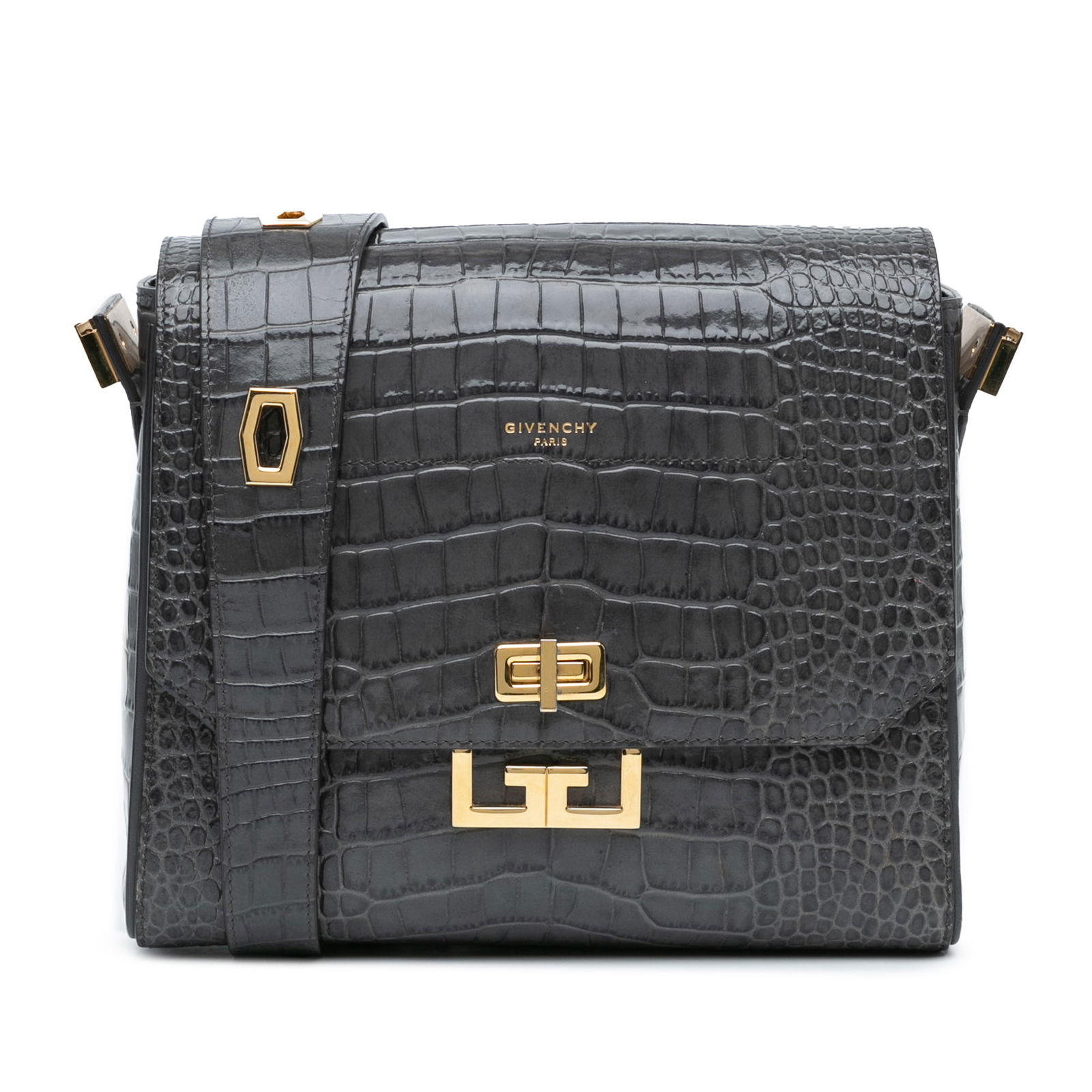 Givenchy Medium Croc Embossed Eden Gray Crossbody Bag: Givenchy Medium Croc Embossed Eden Gray Crossbody Bag This Givenchy Medium Croc Embossed Eden Crossbody bag is a stylish accessory crafted from embossed leather. It features an adjustable and detachab