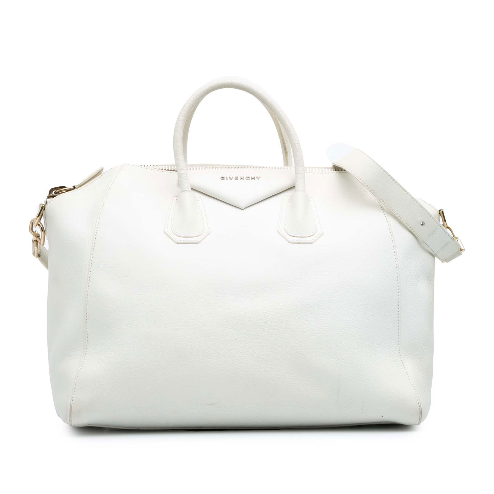 Givenchy Large Leather Antigona Satchel White Bag with Dust Bag: Givenchy Large Leather Antigona Satchel White Bag with Dust Bag This Givenchy Large Leather Antigona Satchel is a stylish and functional accessory crafted from high-quality leather. It features rolled