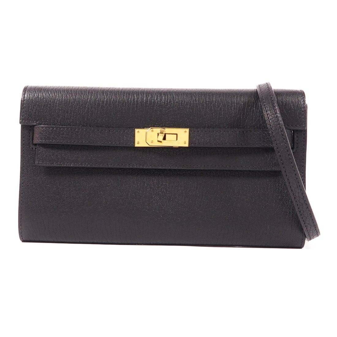 HERMES Kelly To Go Shoulder Bag Chevre Leather Black GHW: HERMES Kelly To Go Shoulder Bag Chevre Leather Black GHW This elegant shoulder bag from HERMES features a luxurious goatskin leather exterior in a classic black color. The bag's compact design is both