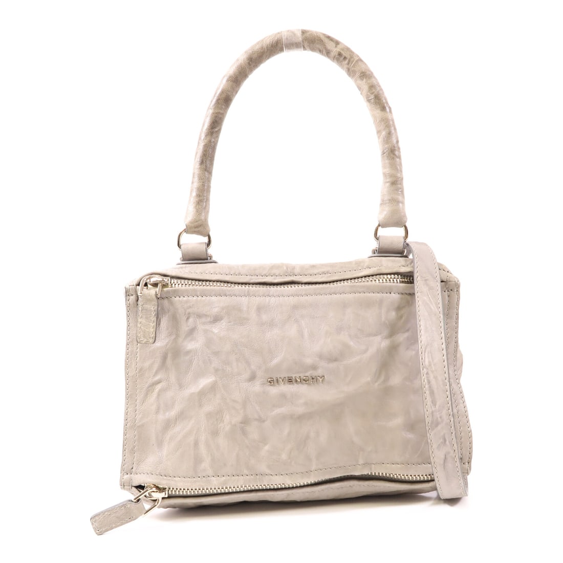 GIVENCHY Pandora 2 Way Bag Gray Calfskin Leather: GIVENCHY Pandora 2 Way Bag Gray Calfskin Leather Elevate your accessory collection with this GIVENCHY Pandora 2 Way Bag, crafted from luxurious calfskin leather in a sophisticated gray hue. This versa