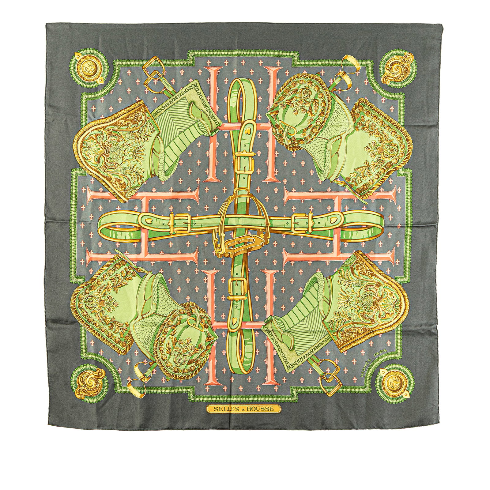 Hermes Selles A Housse Green Silk Scarf 100% Silk France: Hermes Selles A Housse Green Silk Scarf 100% Silk France The Hermes Selles A Housse Silk Scarf is a luxurious accessory featuring an exquisite print crafted from 100% silk. This stunning scarf is desi