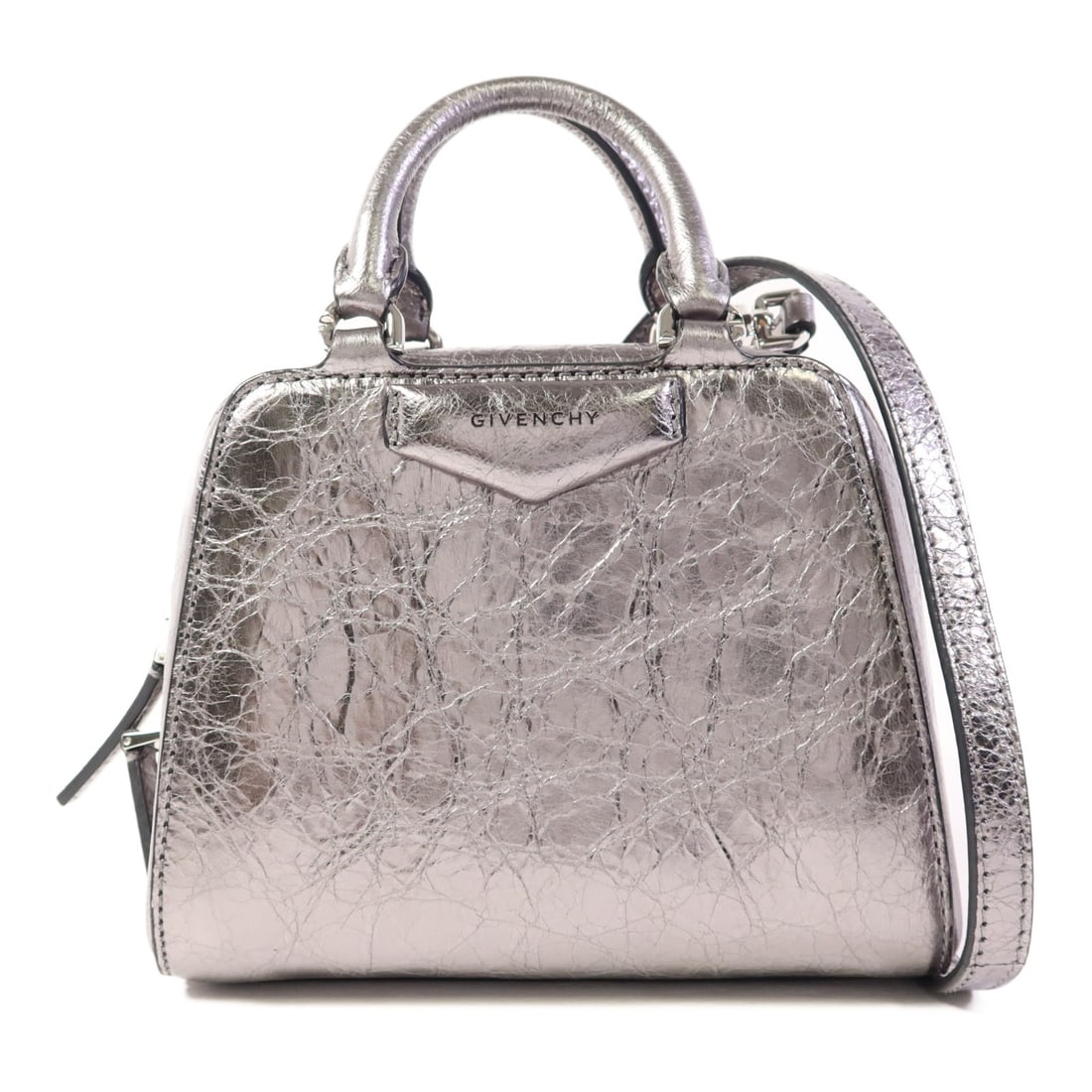 GIVENCHY Silver Calfskin Leather Shoulder Bag SHW: GIVENCHY Silver Calfskin Leather Shoulder Bag SHW This GIVENCHY shoulder bag showcases a sleek design crafted from luxurious calfskin leather in a striking silver color. With its compact dimensions, t