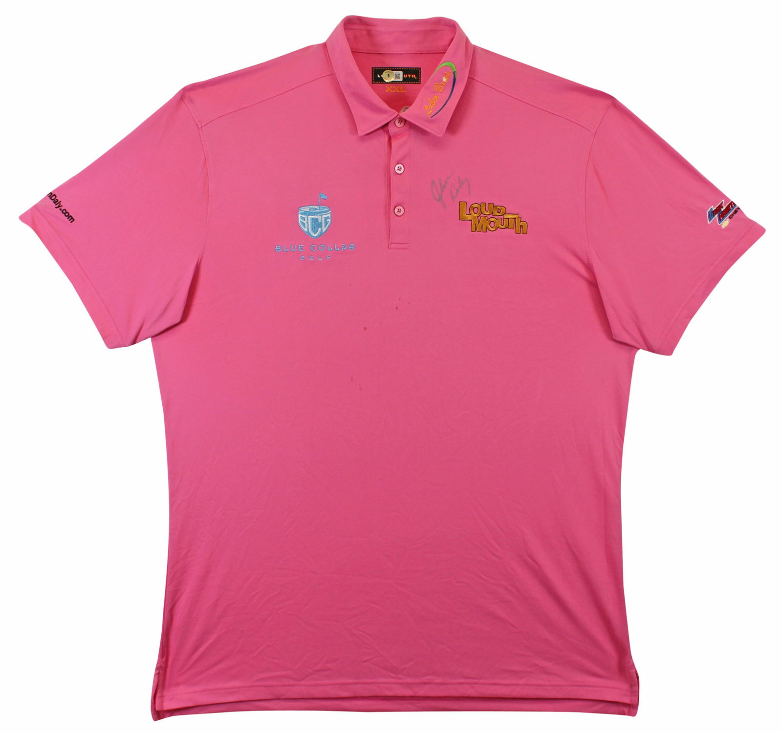 John Daly Signed Match Worn Pink Loudmouth Polo Shirt BAS Authenticated: John Daly Signed Match Worn Pink Loudmouth Polo Shirt BAS Authenticated This authentic match worn polo shirt features a vibrant pink design from Loudmouth, personally signed by professional golfer Joh