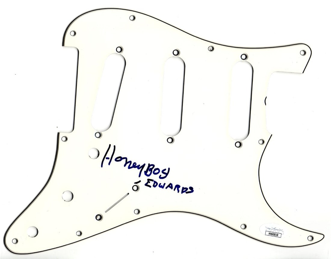 Honeyboy Edwards Autographed Electric Guitar Pickguard JSA Certified: Honeyboy Edwards Autographed Electric Guitar Pickguard JSA Certified This is an authentic Honeyboy Edwards autographed electric guitar pickguard, certified by James Spence Authentication (JSA). The it