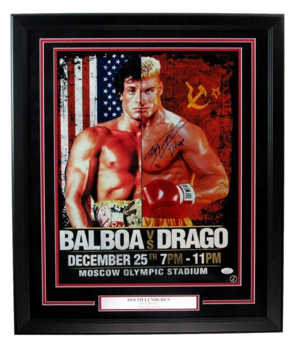 Dolph Lundgren Signed Drago 16x20 Photo Rocky IV Framed JSA Authenticated: Dolph Lundgren Signed Drago 16x20 Photo Rocky IV Framed JSA Authenticated This stunning 16x20 photograph features Dolph Lundgren as Ivan Drago from the iconic film "Rocky IV." The photo is signed and 