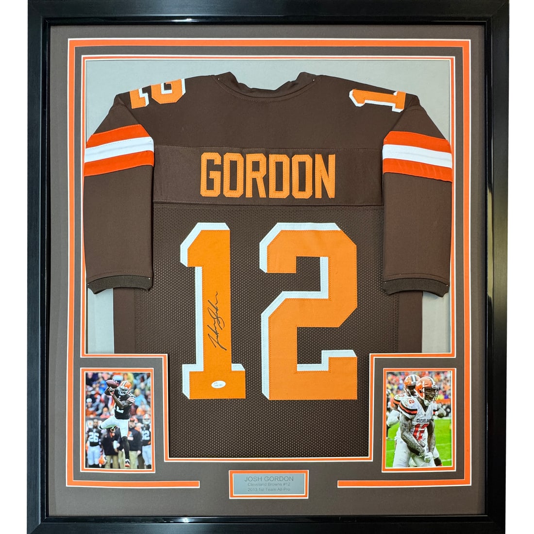 Framed Signed Josh Gordon 35x39 Browns Jersey JSA COA: Framed Signed Josh Gordon 35x39 Browns Jersey JSA COA This framed autographed Josh Gordon football jersey showcases the iconic Cleveland Browns colors and is a must-have for any NFL fan. The jersey me