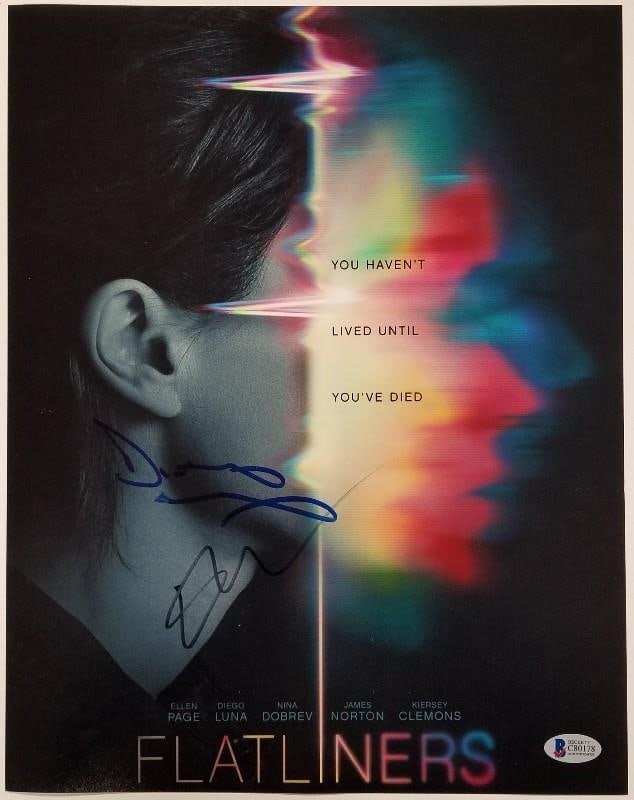 Diego Luna Ellen Page Signed 11x14 Flatliners Photo Beckett COA: Diego Luna Ellen Page Signed 11x14 Flatliners Photo Beckett COA This is an original 11x14 photograph signed by both Diego Luna and Ellen Page, featuring their iconic roles in the film 'Flatliners'. Th