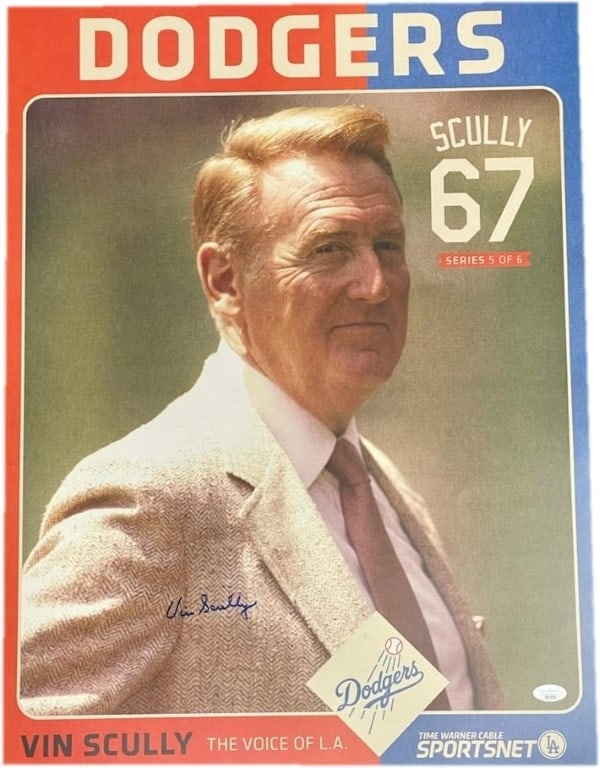 Vin Scully Autographed 20x24 Poster with JSA COA Dodgers: Vin Scully Autographed 20x24 Poster with JSA COA Dodgers This captivating 20x24 lithograph poster features the renowned broadcaster Vin Scully, celebrated for his iconic voice in the world of baseball
