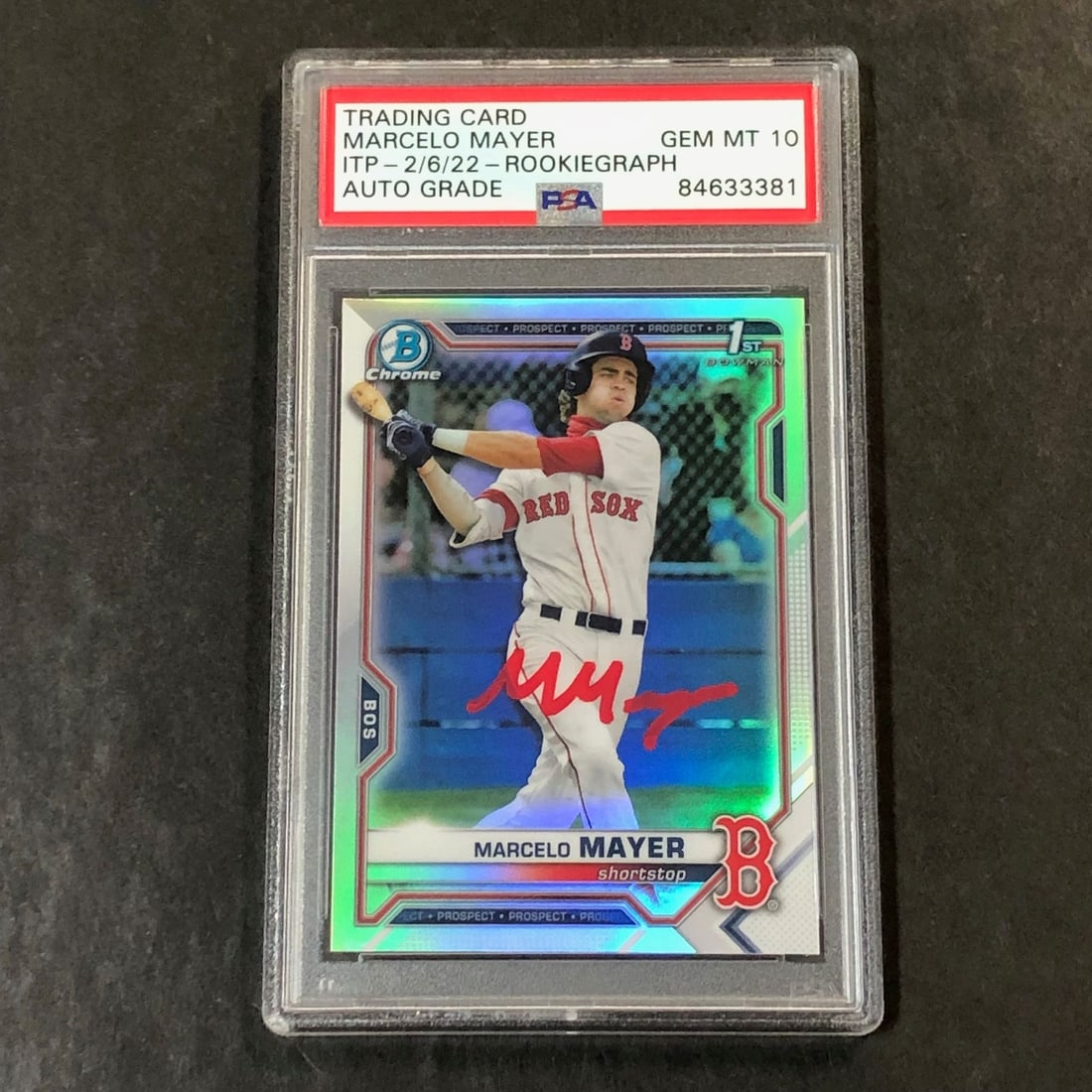2021 Bowman Chrome Refractor Marcelo Mayer Signed PSA 10 Card BDC-174: 2021 Bowman Chrome Refractor Marcelo Mayer Signed PSA 10 Card BDC-174 Presenting a remarkable collectible for baseball enthusiasts: the 2021 Bowman Chrome Refractor 1st #BDC-174 signed card featuring 