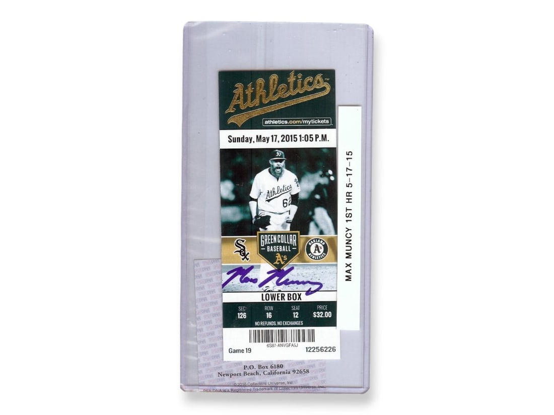 Max Muncy Autographed 1st Home Run Ticket 5/17/14 PSA Certified: Max Muncy Autographed 1st Home Run Ticket 5/17/14 PSA Certified Celebrate a significant moment in baseball history with this original ticket stub from Max Muncy's first home run on May 17, 2014. This