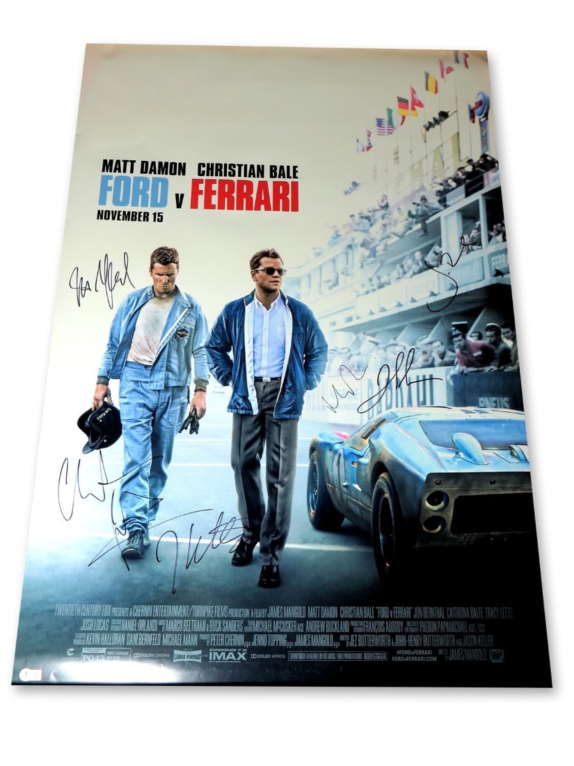 Ford v Ferrari Autographed 27x40 Poster Signed by Damon Bale Bernthal Lucas: Ford v Ferrari Autographed 27x40 Poster Signed by Damon Bale Bernthal Lucas This is an original autographed poster from the film "Ford v Ferrari," measuring 27X40 inches. It features signatures from t