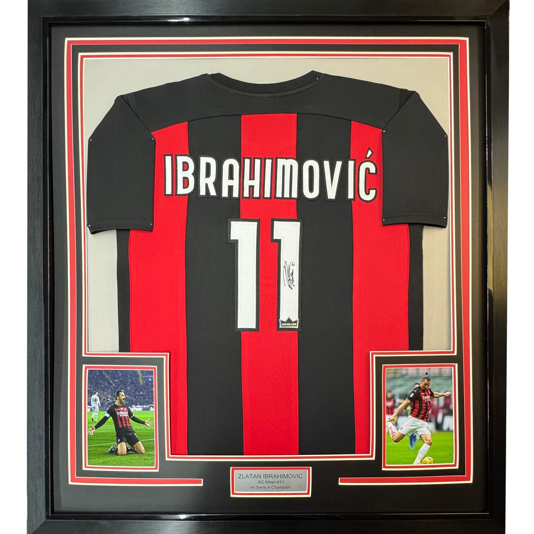 Framed Original Autographed Zlatan Ibrahimovic AC Milan Jersey 35x39 JSA Authenticated: Framed Original Autographed Zlatan Ibrahimovic AC Milan Jersey 35x39 JSA Authenticated This framed facsimile autographed jersey honors Zlatan Ibrahimovic, a distinguished player for AC Milan in Serie 