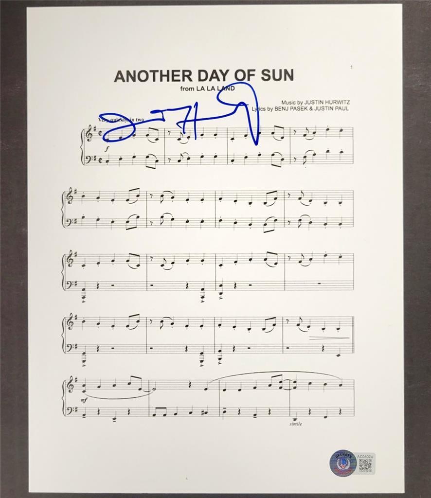 Justin Hurwitz Signed La La Land Music Sheet 8.5x11 BAS Certified: Justin Hurwitz Signed La La Land Music Sheet 8.5x11 BAS Certified This is an original music sheet from the movie "La La Land," featuring the song "Another Day of Sun," signed by composer Justin Hurwit