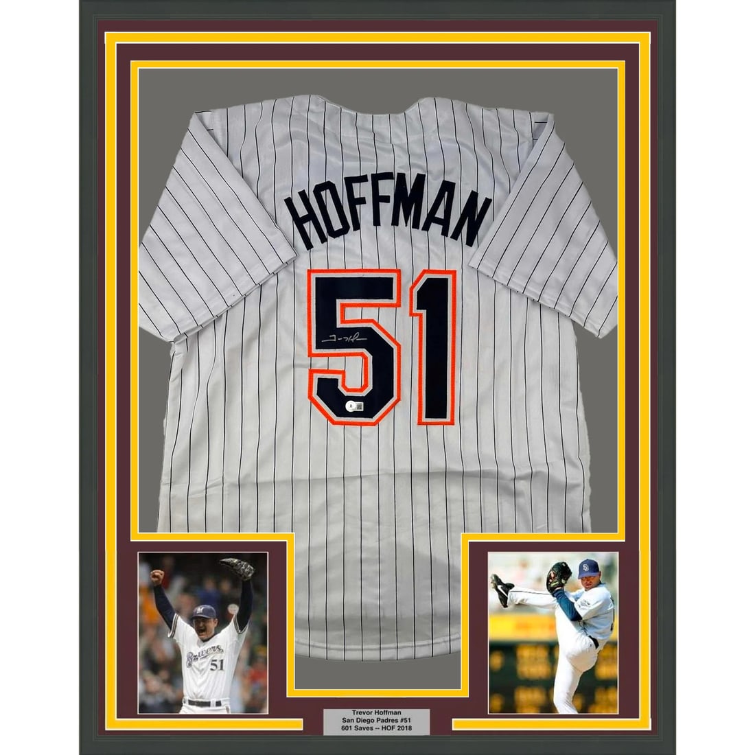 Framed Trevor Hoffman Autographed San Diego Jersey 33x42 BAS COA: Framed Trevor Hoffman Autographed San Diego Jersey 33x42 BAS COA This is a framed, autographed jersey of Trevor Hoffman, the legendary MLB player known for his outstanding career with the San Diego Pa