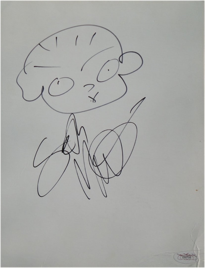 Seth McFarlane Hand Signed 8x10 Sketch with JSA Authentication: Seth McFarlane Hand Signed 8x10 Sketch with JSA Authentication This 8x10 cardboard sheet features a hand-signed autograph by Seth McFarlane, showcasing his unique artistic style. The item is authentic