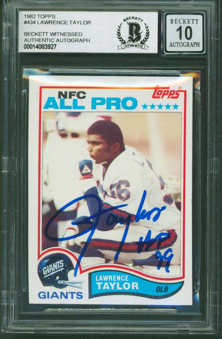 Lawrence Taylor Signed 1982 Topps #434 Card Gem Mint 10 Beckett Authenticated: Lawrence Taylor Signed 1982 Topps #434 Card Gem Mint 10 Beckett Authenticated This authentic 1982 Topps #434 card features the iconic Lawrence Taylor, a legendary player of the New York Giants. Each c