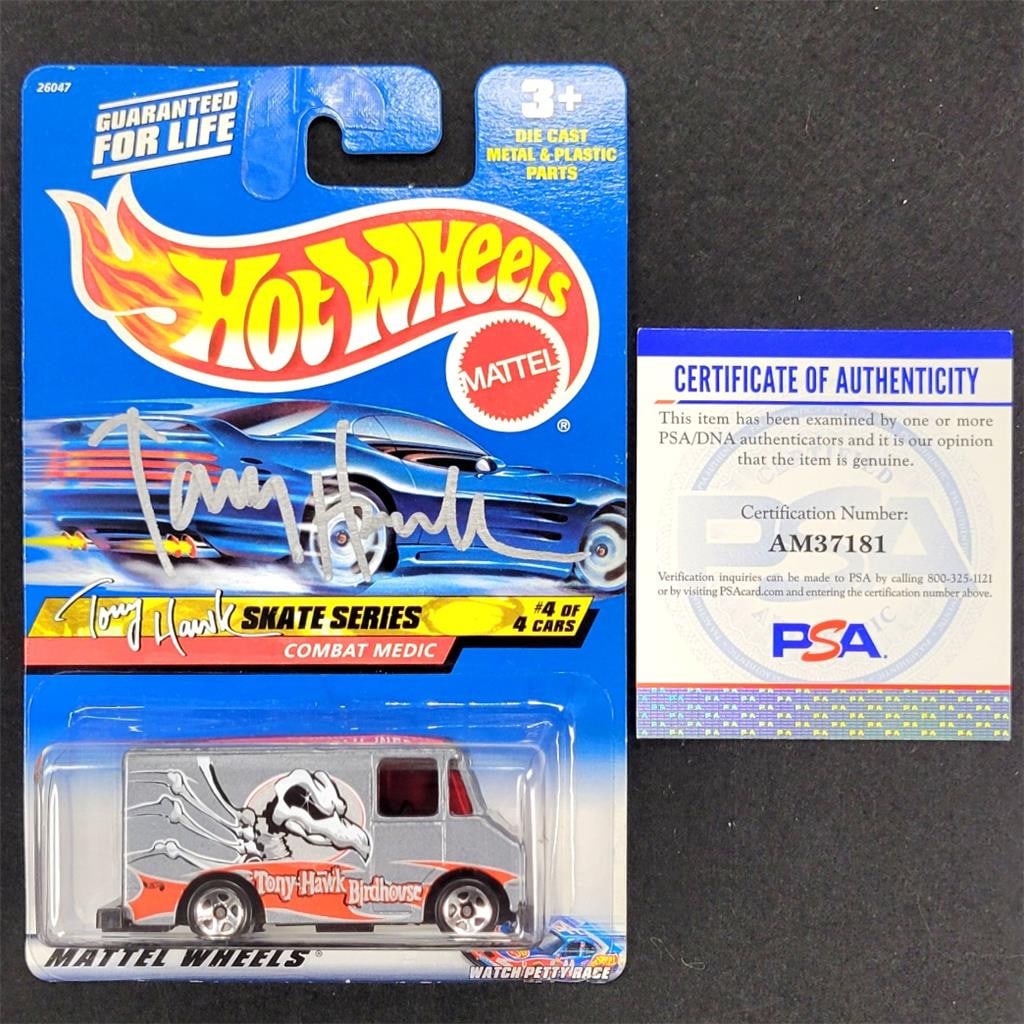 Tony Hawk Autographed Combat Medic Hot Wheels Die Cast LE 2000 PSA: Tony Hawk Autographed Combat Medic Hot Wheels Die Cast LE 2000 PSA This collectible die cast car features a detailed design of the Combat Medic, a tribute to skateboarding legend Tony Hawk. The item i