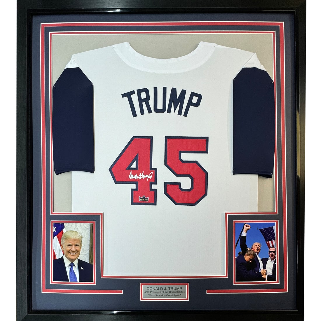 Framed Authentic Donald Trump Autographed Jersey 35x39 JSA Certified: Framed Authentic Donald Trump Autographed Jersey 35x39 JSA Certified Celebrate a unique piece of sports memorabilia with this framed reprint jersey featuring the autograph of Donald Trump. Authenticat