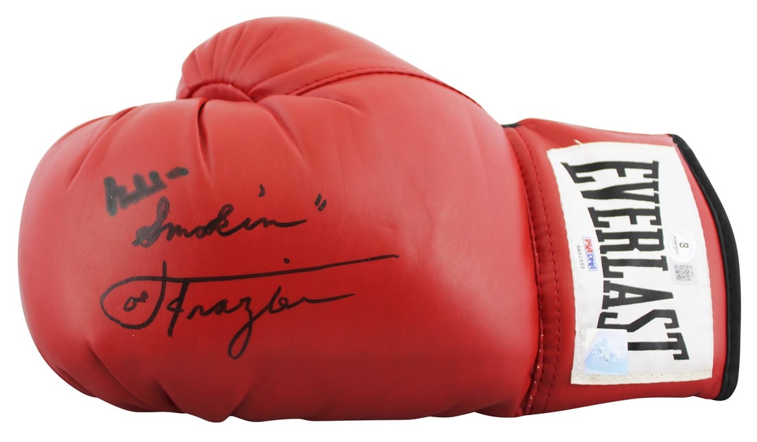 Muhammad Ali Joe Frazier Signed Red Everlast Boxing Glove Beckett COA: Muhammad Ali Joe Frazier Signed Red Everlast Boxing Glove Beckett COA This is an original autographed red Everlast boxing glove signed by legendary boxers Muhammad Ali and Joe Frazier. This glove come