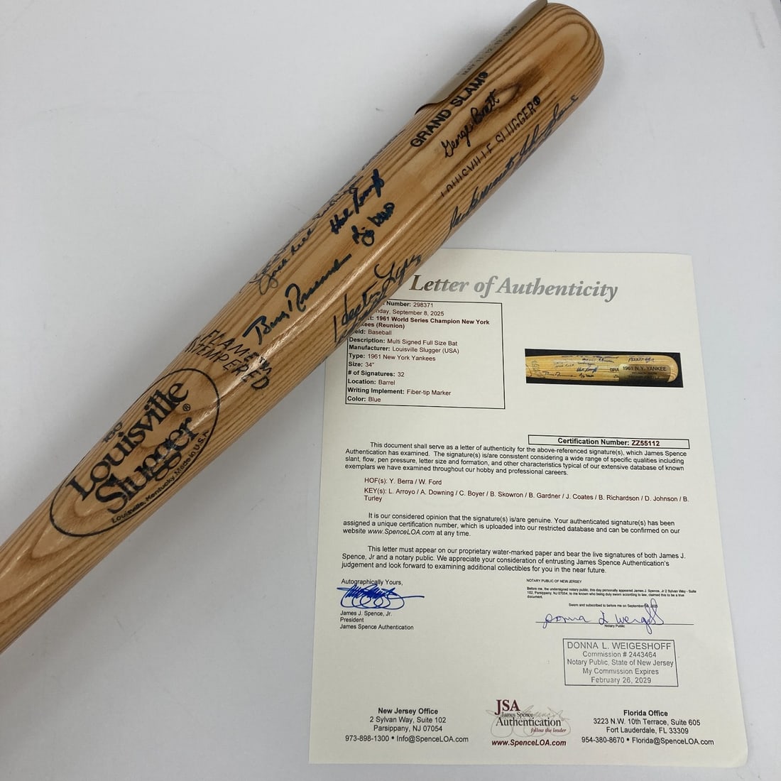 1961 New York Yankees Signed Baseball Bat with JSA COA: 1961 New York Yankees Signed Baseball Bat with JSA COA Celebrate the legacy of the 1961 New York Yankees with this remarkable team-signed baseball bat featuring 32 autographs from legendary players. S
